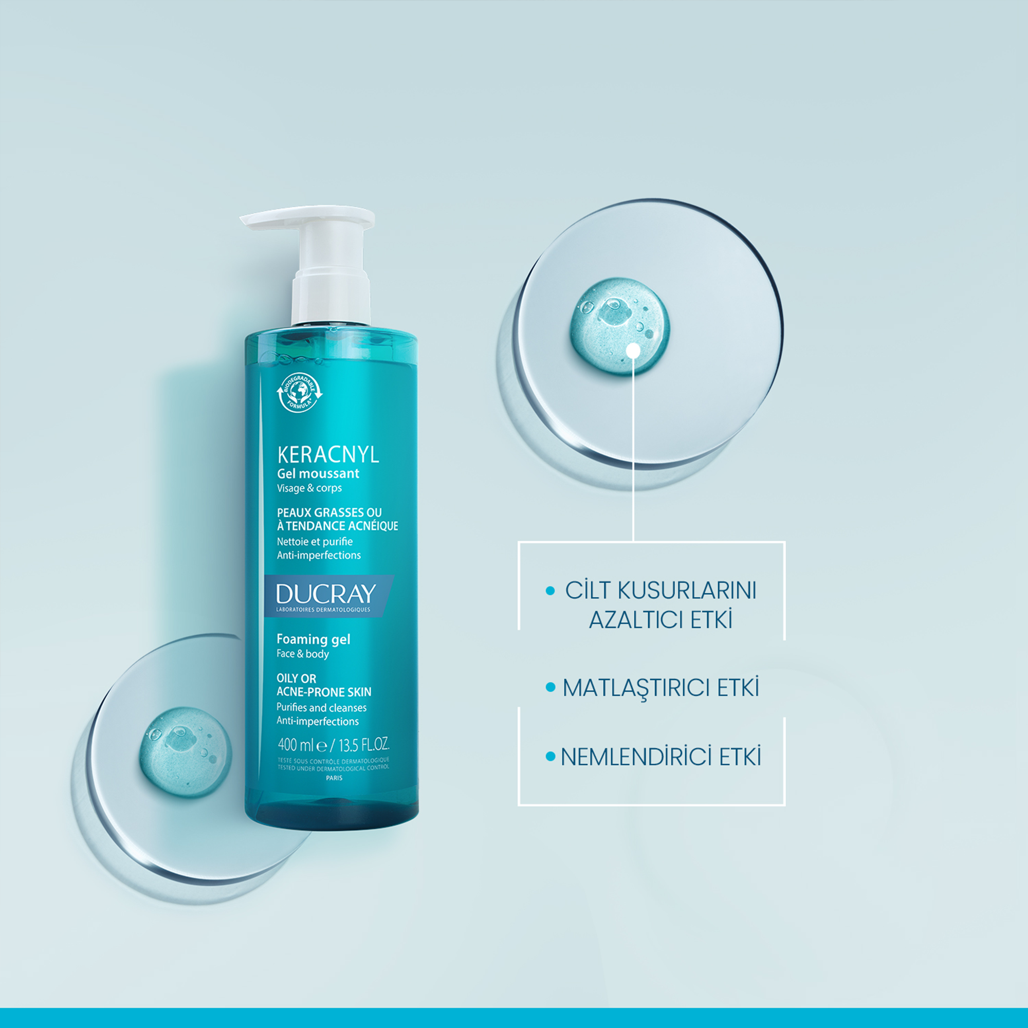 Ducray Keracnyl Gel Yağlı ve Akneye Eğilimli Ciltler İçin Temizleme Jeli 400 ml - Yağlı Ciltler İçin Akne Karşıtı Etkili Temizleyici
