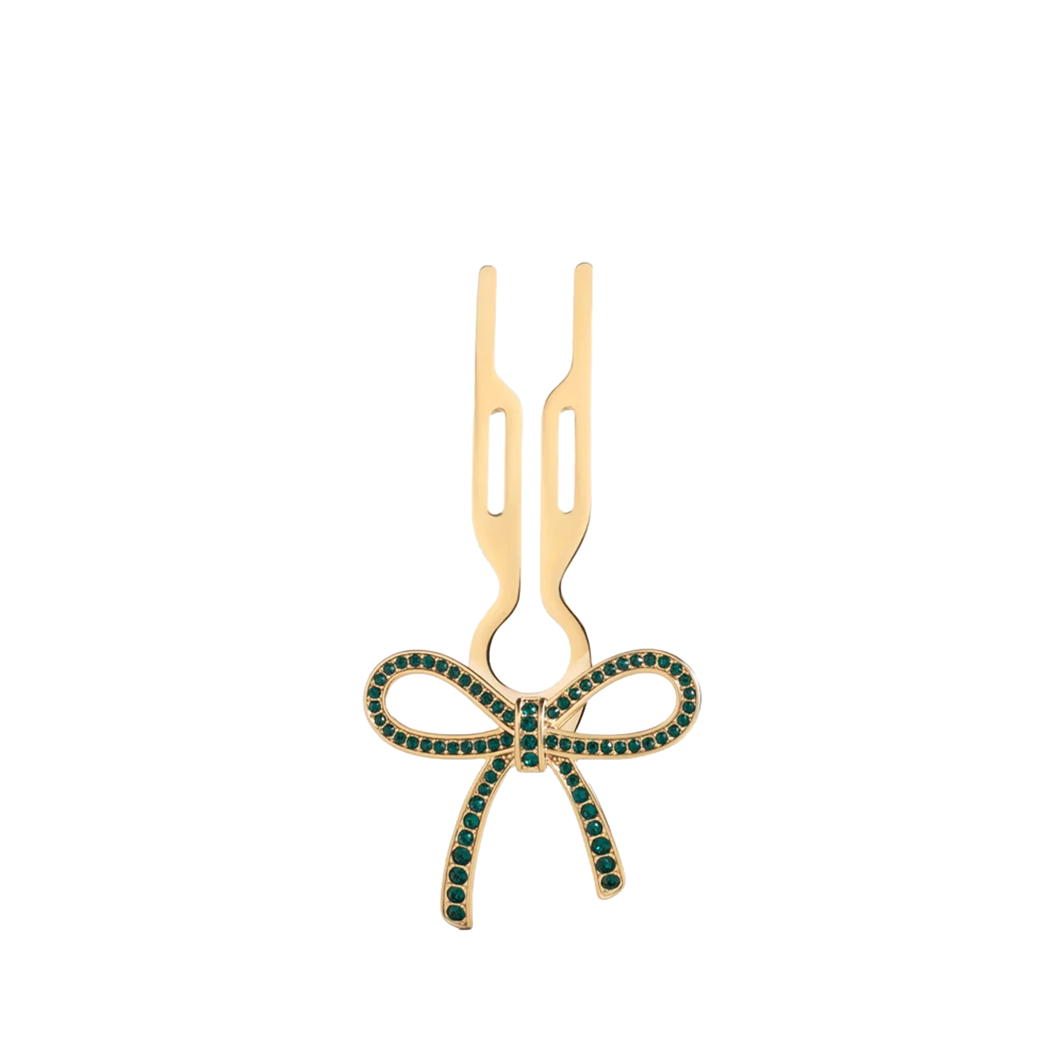 Fiona Franchimon Nº1 HAIRPIN Ribbon Emerald Green Swarovski Taşlı Kurdeleli Saç Tokası Yellow Gold Finish