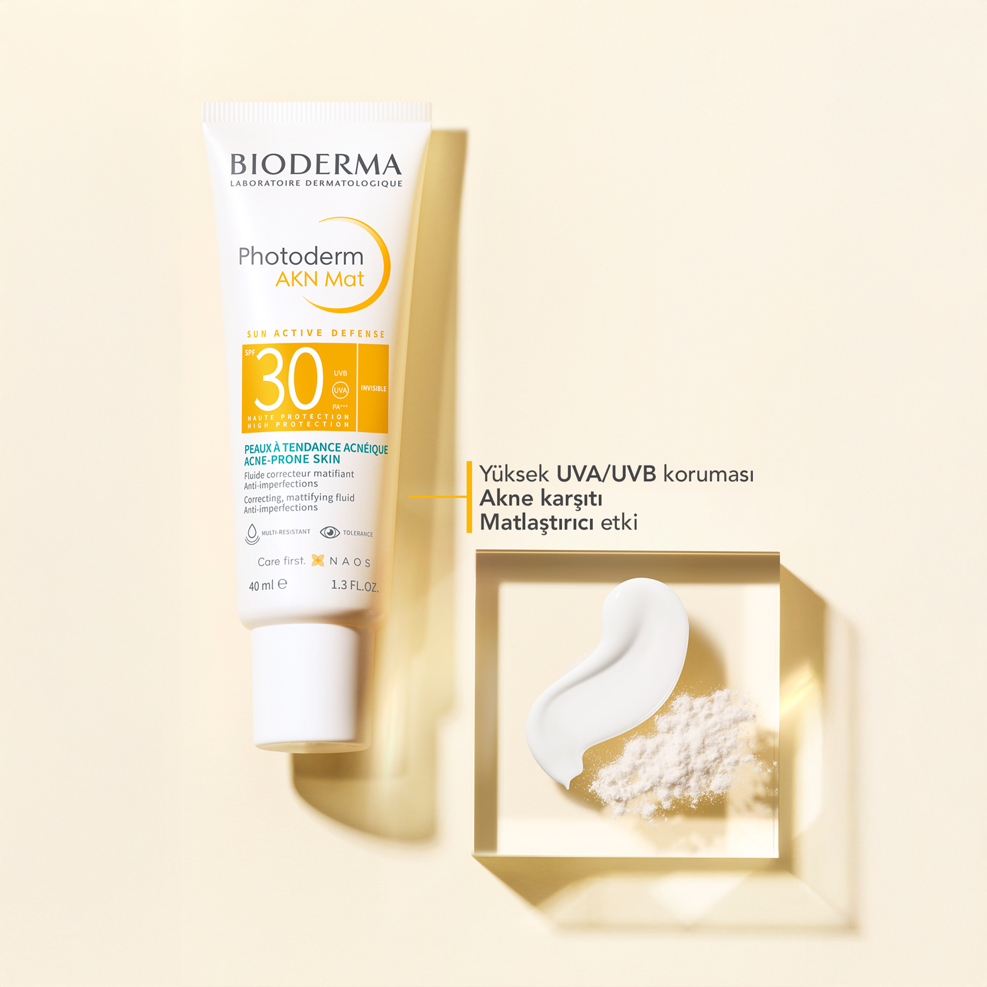 Sivilce ve siyah nokta oluşumunu önlemeye yardımcı Bioderma Photoderm AKN Mat SPF 30+ ile cildinizi korurken aynı zamanda pürüzsüzleştirir.