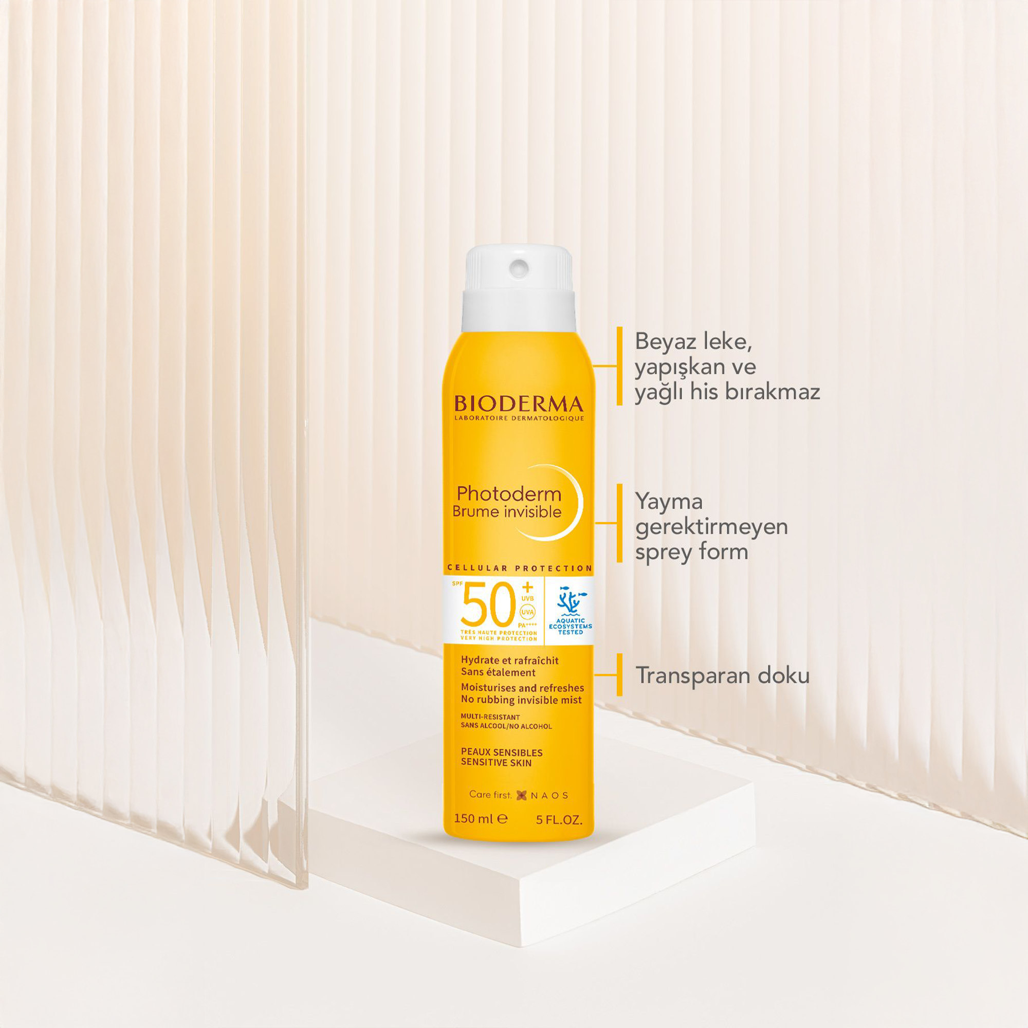 Suya ve tere dayanıklı Bioderma Photoderm Max Sun Mist SPF50+ ile aktif yaşam tarzınıza uyum sağlayın ve cildinizi güneşten koruyun.