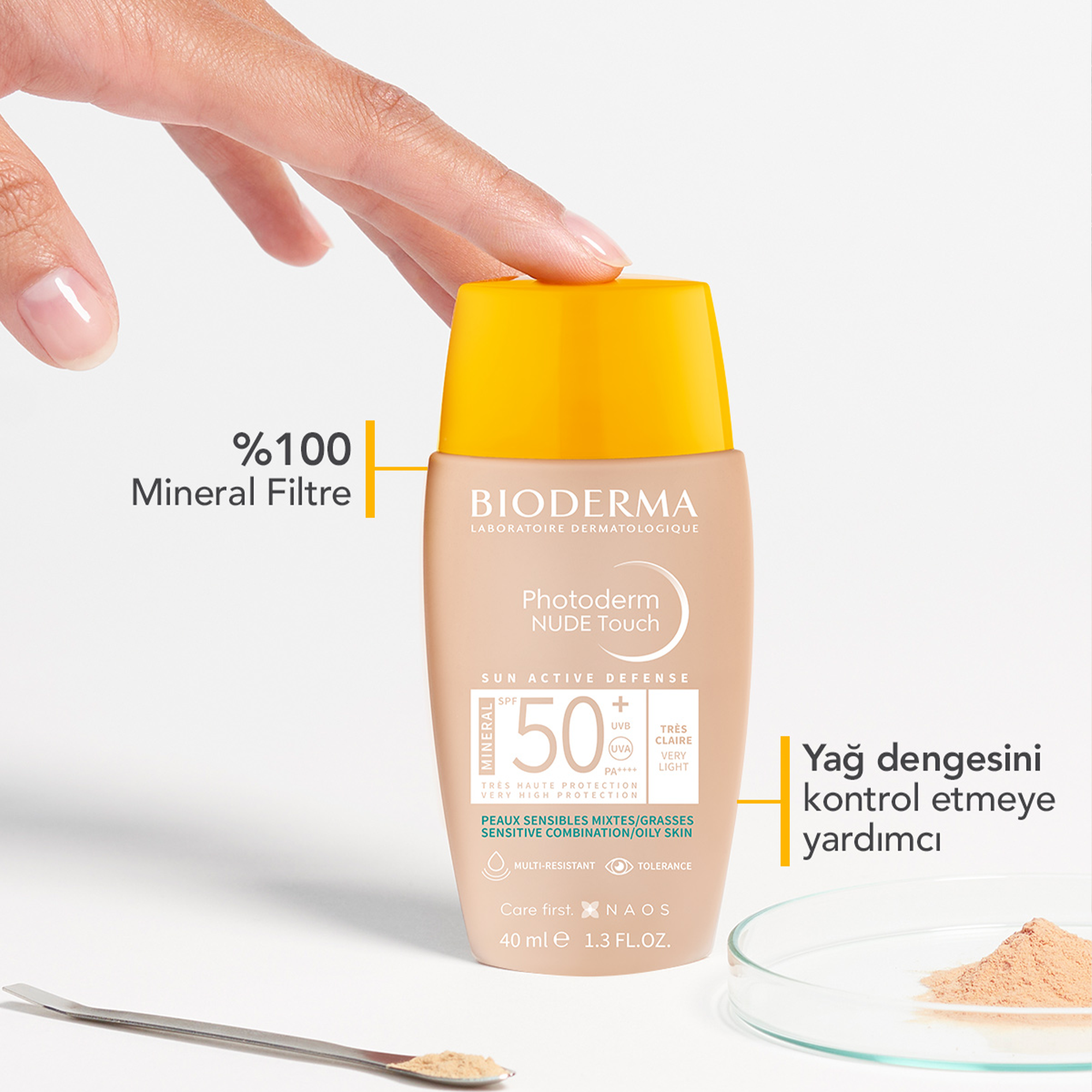 Yağlı ve karma ciltler için özel olarak formüle edilmiş Bioderma Photoderm Nude Touch SPF50+ Very Light, cildinizi yağlandırmadan korur ve mat bir görünüm sağlar.