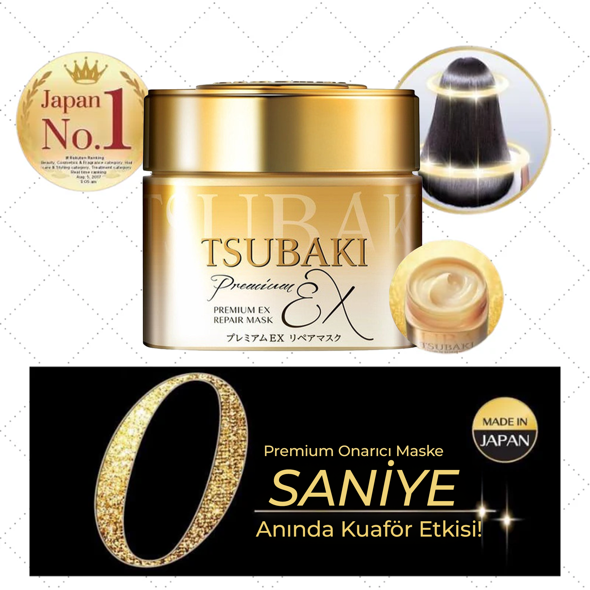 Tsubaki Premium Ex Repair Mask’in gelişmiş Tsubaki teknolojisi ve kamelya yağı içeren yoğun onarıcı saç bakım formülü.