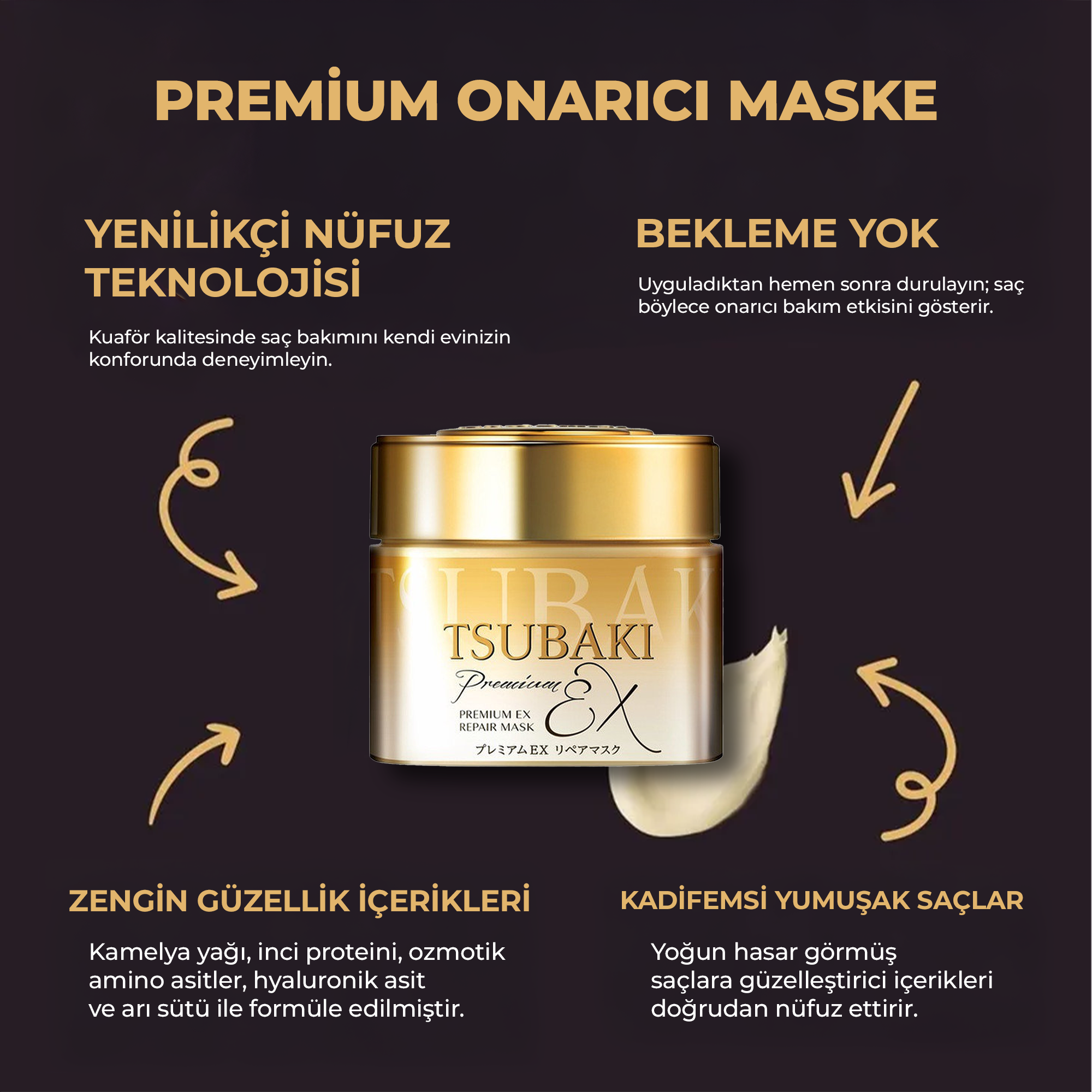 Tsubaki Premium Ex Repair Mask’in kremsi ve yoğun dokusu – saç boy ve uçlarına kolayca yayılan onarıcı bakım maskesi.
