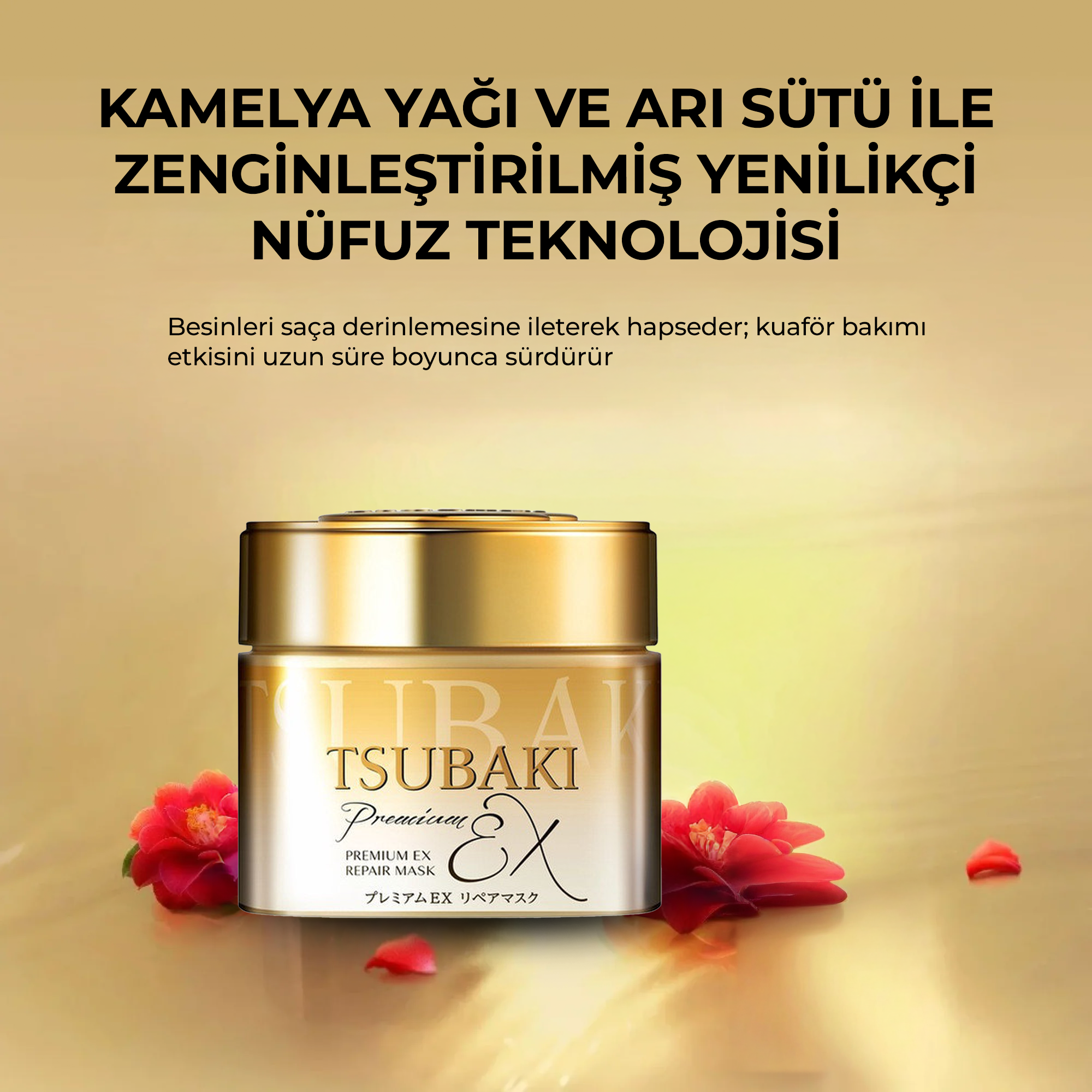 Tsubaki Premium Ex Repair Mask 180 g ile yıpranmış ve kuru saçlar için salon etkisinde onarım.