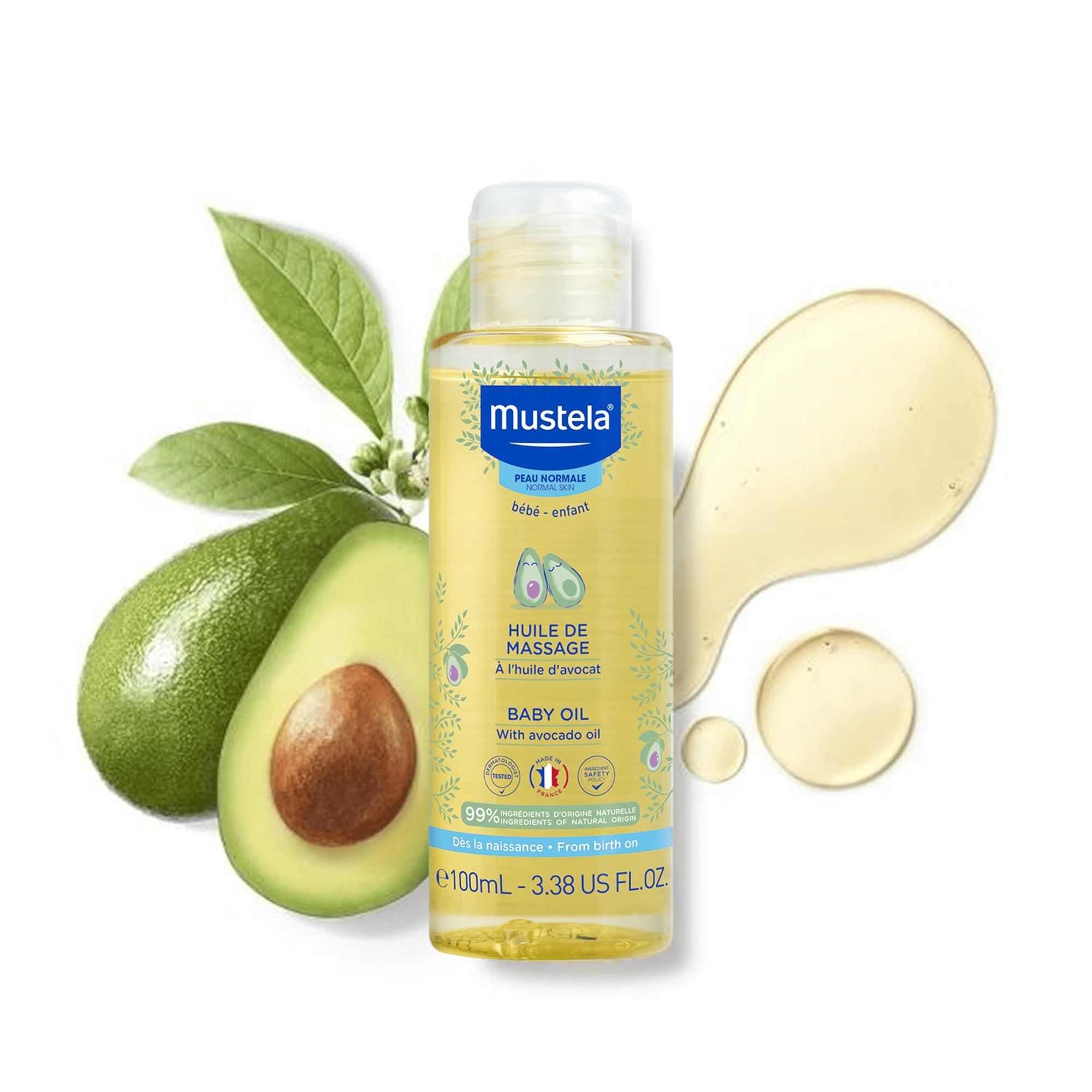Mustela Baby Oil 100 ml – Bebeklerin hassas ciltlerini besleyip nemlendiren, 100 ml'lik doğal içerikli bebek yağı.