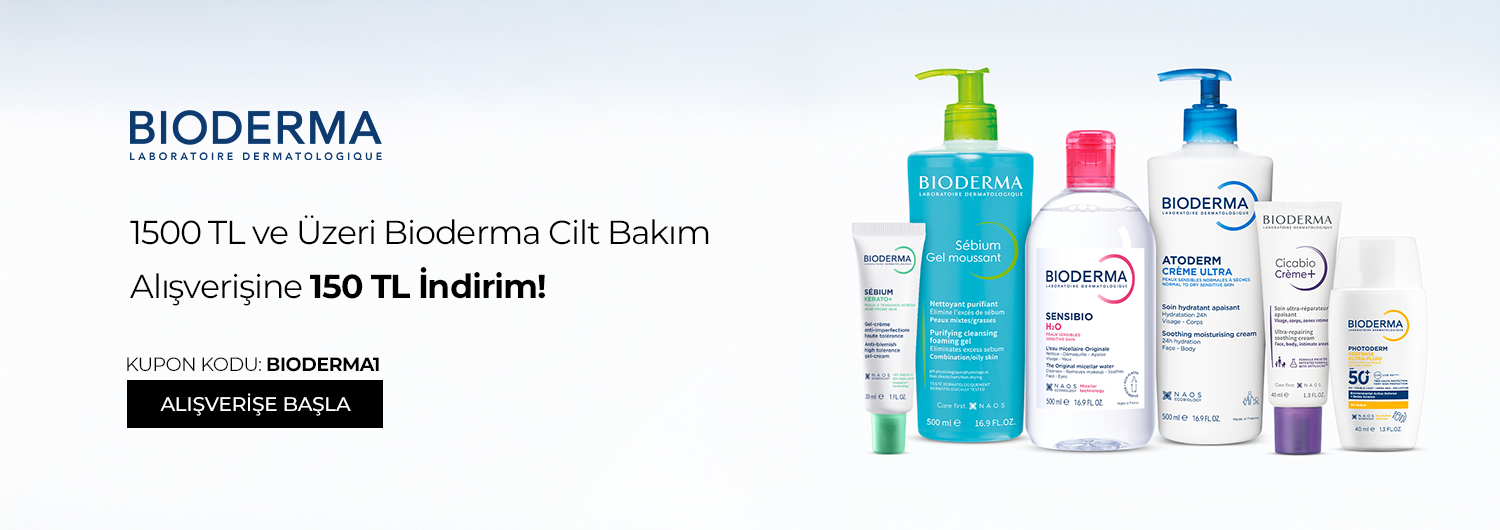 Bundle (set) stok kodlu ürünler dahil değildir; sadece kampanya altında listelenen tüm ürünler dahildir.
Her müşteri 1 kez yararlanabilir; BIODERMA1 kupon koduyla 1500 TL üzerine 150 TL indirim sepette yansıtılacaktır. Kampanyadan yararlanmak için sepete eklenen Bioderma ürünleri indirimli fiyatlar üzerinden hesaplanacaktır. Kısmi iade durumunda, iade tutarı ürünün satın alınan
indirimli fiyatı üzerinden hesaplanır.
İndirim doğrudan ürün bazlı uygulandığı için, iade edilen ürünün net tutarı hesabınıza aktarılır; ancak kampanya kapsamı dışındaki diğer sepet avantajları veya kargo baremleri bu iadeden dolayı değişiklik gösterebilir.
