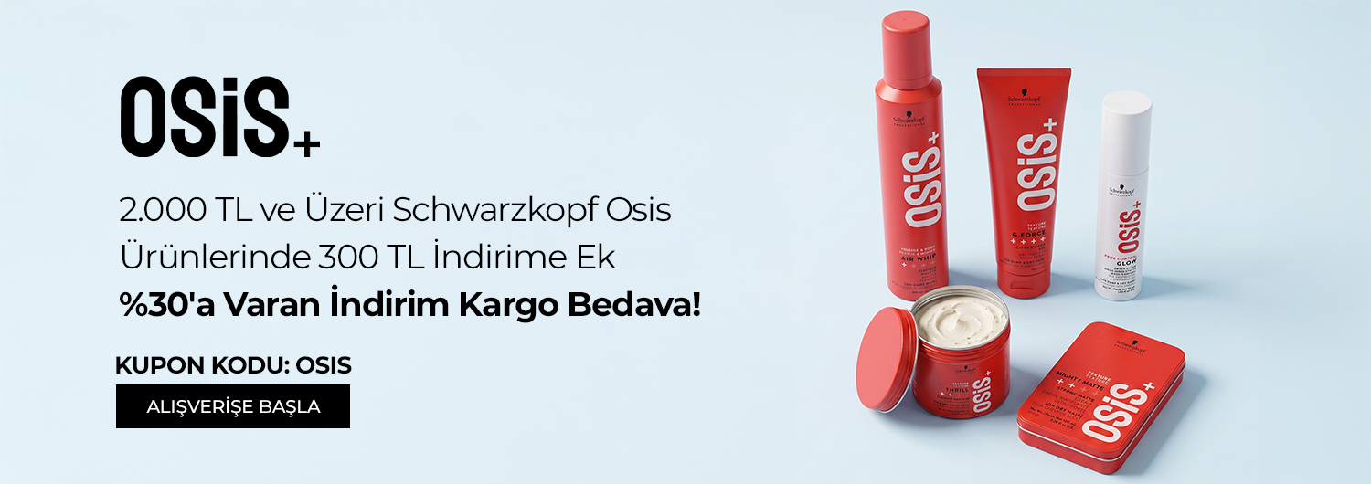 Kampanya 01.09.2026 – 30.09.2026 tarihleri arasında geçerlidir. Bundle (set) stok kodlu ürünler kampanyaya dahil değildir; kampanya yalnızca kampanya sayfasında listelenen tekil ürünlerde geçerlidir. Sepetinizdeki Schwarzkopf Osis+ ürünlerinin toplamı 2.000 TL ve üzerine ulaştığında, OSIS kupon kodu ile sepette 300 TL indirim uygulanır. Kampanya koşulları sağlandığında ve ödeme adımında OSIS kodunu girdiğinizde kargo ücreti sepette sıfırlanır. İndirim alışveriş başına ve kullanıcı başına tek seferlik geçerlidir, katlanmaz ve diğer kupon kodlu kampanyalarla birleştirilemez. Kısmi iade durumunda iade tutarı, ürünün satın alındığı indirimli / kampanyalı net fiyat üzerinden hesaplanır. İade sonrasında kampanya koşulunun bozulması halinde kargo baremleri ve kampanya kapsamı dışındaki sepet avantajları değişiklik gösterebilir.