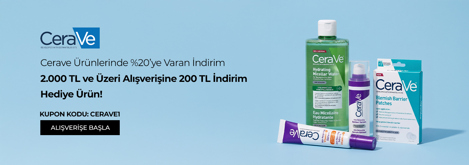Kampanya 02.09.2026 – 10.09.2026 tarihleri arasında geçerlidir. Bundle (set) stok kodlu ürünler dahil değildir; sadece kampanya altında listelenen tüm ürünler dahildir.
CeraVe ürünlerinde %20'ye varan indirimlere ek olarak, 2.000 TL ve üzeri alışverişlerinizde 'CERAVE1' kupon kodu ile sepette 200 TL indirim ve sürpriz hediye ürün uygulanacaktır.
Kampanyadan yararlanmak için sepete eklenen CeraVe ürünleri belirlenen kampanya koşulları üzerinden hesaplanacaktır.
Bu indirim alışveriş başına/kullanıcı başına tek seferlik geçerlidir, katlanmaz ve diğer kupon kodları ile birleştirilemez. Hediye ürün stoklarla sınırlıdır.
Kısmi iade durumunda, iade tutarı ürünün satın alınan
indirimli / kampanyalı net fiyatı üzerinden hesaplanır.
İade durumunda, kampanya kapsamı dışındaki diğer sepet avantajları veya kargo baremleri değişiklik gösterebilir.