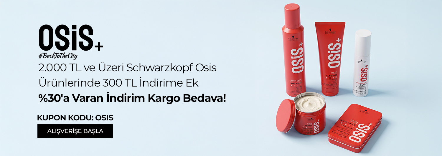 Kampanya 01.09.2026 – 31.10.2026 tarihleri arasında geçerlidir. Bundle (set) stok kodlu ürünler kampanyaya dahil değildir; kampanya yalnızca kampanya sayfasında listelenen tekil ürünlerde geçerlidir. Sepetinizdeki Schwarzkopf Osis+ ürünlerinin toplamı 2.000 TL ve üzerine ulaştığında, OSIS kupon kodu ile sepette 300 TL indirim uygulanır. Kampanya koşulları sağlandığında ve ödeme adımında OSIS kodunu girdiğinizde kargo ücreti sepette sıfırlanır. İndirim alışveriş başına ve kullanıcı başına tek seferlik geçerlidir, katlanmaz ve diğer kupon kodlu kampanyalarla birleştirilemez. Kısmi iade durumunda iade tutarı, ürünün satın alındığı indirimli / kampanyalı net fiyat üzerinden hesaplanır. İade sonrasında kampanya koşulunun bozulması halinde kargo baremleri ve kampanya kapsamı dışındaki sepet avantajları değişiklik gösterebilir.