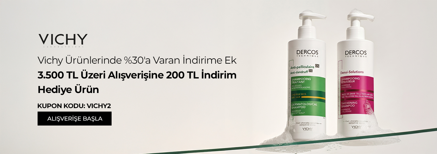Vichy ürünlerinde 3.500 TL ve üzeri alışverişinizde 200 TL indirim ve 2 adet Vichy Dercos Anti Dandruff Ds Kuru Saçlar için Kepek Karşıtı Şampuan 7 ml hediye. Kampanya 14.09.2026 – 21.09.2026 tarihleri arasında geçerlidir (bitiş günü dahil).İndirim ve hediye, ödeme adımında VICHY2 kupon kodunu girdiğinizde uygulanır; kod girilmediğinde ikisi de işlenmez. Kampanya müşteri başına bir kez kullanılabilir ve indirim sepet tutarına göre katlanmaz. Hediye ürünler stoklarla sınırlıdır ve hediye nedeniyle ürün fiyatlarında artış yapılmamıştır. Diğer kampanyalarla birleştirilemez.Kampanya yalnızca sachane.com üzerinden yapılan alışverişlerde ve kampanya sayfasında listelenen ürünlerde geçerlidir. Set (bundle) stok kodlu ürünler, saç boyaları, oksidanlar ve ton varyantları kampanya kapsamı dışındadır.Kısmi iade durumunda iade tutarı, ürünün satın alındığı indirimli net fiyat üzerinden hesaplanır. İade sonrası kampanyalı ürün toplamınız 3.500 TL'nin altına düşerse indirim ve hediye avantajı değişiklik gösterebilir.