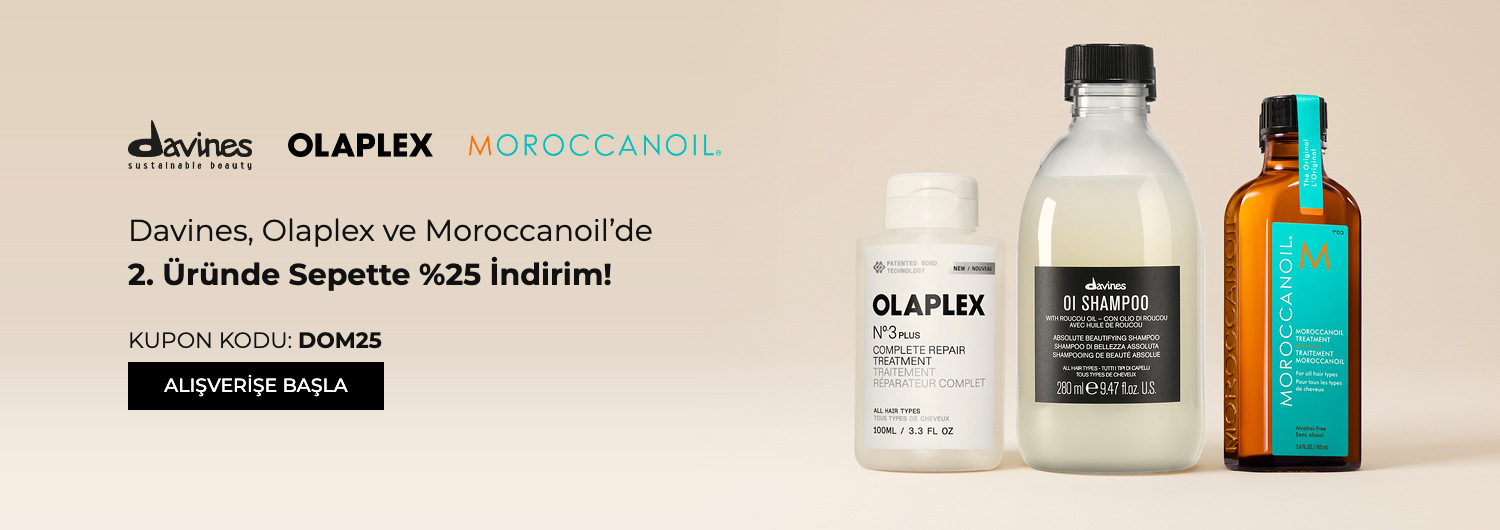 Davines, Olaplex ve Moroccanoil kampanyası 20.10.2026 – 11.11.2026 tarihleri arasında (bitiş günü dahil) geçerlidir. Kampanyalı ürünlerden ikinci ürününüzde %25 indirim, DOM25 kodu ile sepette uygulanır; indirim, sepetteki en düşük fiyatlı ürüne uygulanır.
Ödeme adımında DOM25 kodunu girmeniz gerekir. Kampanya süresince müşteri başına bir kez kullanılabilir.
Kampanya yalnızca sachane.com üzerinden yapılan alışverişlerde ve bu sayfada listelenen ürünlerde geçerlidir. Set (bundle) stok kodlu ürünler, saç boyaları, oksidanlar ve ton varyantları kampanya kapsamı dışındadır. Diğer kupon kodlarıyla birleştirilemez.
Kısmi iade durumunda iade tutarı, ürünün satın alındığı indirimli net fiyat üzerinden hesaplanır. İade sonrası sepet tutarınız kampanya veya ücretsiz kargo koşulunun altına düşerse ilgili avantaj değişiklik gösterebilir.