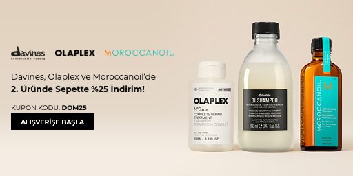 Davines, Olaplex ve Moroccanoil kampanyası 20.10.2026 – 11.11.2026 tarihleri arasında (bitiş günü dahil) geçerlidir. Kampanyalı ürünlerden ikinci ürününüzde %25 indirim, DOM25 kodu ile sepette uygulanır; indirim, sepetteki en düşük fiyatlı ürüne uygulanır.
Ödeme adımında DOM25 kodunu girmeniz gerekir. Kampanya süresince müşteri başına bir kez kullanılabilir.
Kampanya yalnızca sachane.com üzerinden yapılan alışverişlerde ve bu sayfada listelenen ürünlerde geçerlidir. Set (bundle) stok kodlu ürünler, saç boyaları, oksidanlar ve ton varyantları kampanya kapsamı dışındadır. Diğer kupon kodlarıyla birleştirilemez.
Kısmi iade durumunda iade tutarı, ürünün satın alındığı indirimli net fiyat üzerinden hesaplanır. İade sonrası sepet tutarınız kampanya veya ücretsiz kargo koşulunun altına düşerse ilgili avantaj değişiklik gösterebilir.