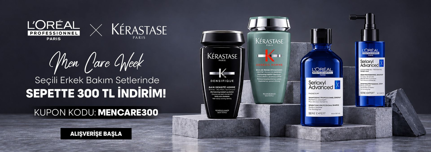 Kérastase ve L'Oréal Professionnel Men Care Week kampanyası 04.10.2026 – 12.10.2026 tarihleri arasında (bitiş günü dahil) geçerlidir. Kampanyadaki seçili erkek bakım ürünleri ve setlerinden en az birini içeren alışverişinizde 300 TL indirim, MENCARE300 kodu ile sepette uygulanır; alt sepet tutarı koşulu yoktur.
Ödeme adımında MENCARE300 kodunu girmeniz gerekir. 300 TL indirim, sepetinizdeki ürün adedine göre katlanmaz. Kampanya süresince müşteri başına bir kez kullanılabilir.
Kampanya yalnızca sachane.com üzerinden yapılan alışverişlerde ve bu sayfada listelenen ürünlerde geçerlidir. Saç boyaları, oksidanlar ve ton varyantları kampanya kapsamı dışındadır. Diğer kupon ve kampanyalarla birleştirilemez.
Kısmi iade durumunda iade tutarı, ürünün satın alındığı indirimli net fiyat üzerinden hesaplanır. İade sonrası sepet tutarınız kampanya veya ücretsiz kargo koşulunun altına düşerse ilgili avantaj değişiklik gösterebilir.
