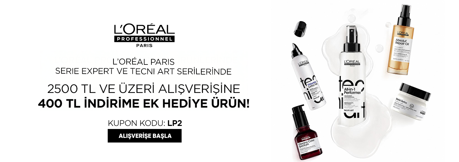 Kampanya 22.09.2026 – 30.09.2026 tarihleri arasında geçerlidir. Bundle (set) stok kodlu ürünler kampanyaya dahil değildir; kampanya yalnızca kampanya sayfasında listelenen tekil ürünlerde geçerlidir. Sepetinizdeki L'Oreal Professionnel Serie Expert ve Tecni Art ürünlerinin toplamı 2.500 TL ve üzerine ulaştığında, LP2 kupon kodu ile sepette 400 TL indirim uygulanır ve Serie Expert Absolut Repair Molecular Arındırıcı Şampuan 30 ml hediye olarak sepetinize eklenir; hediye stoklarla sınırlıdır. İndirim ve hediye müşteri başına bir kez geçerlidir, katlanmaz ve diğer kupon kodlu kampanyalarla birleştirilemez. Kısmi iade durumunda iade tutarı, ürünün satın alındığı indirimli / kampanyalı net fiyat üzerinden hesaplanır. İade sonrasında kampanya koşulunun bozulması halinde kargo baremleri ve kampanya kapsamı dışındaki sepet avantajları değişiklik gösterebilir.