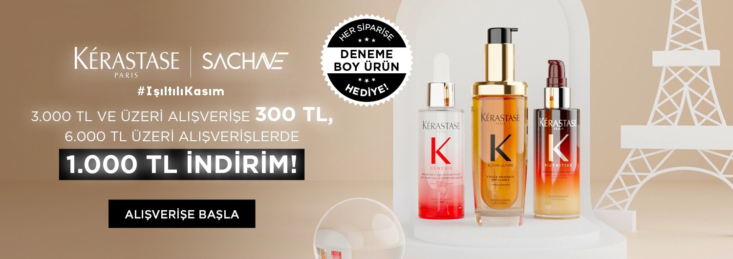 Kérastase kampanyası 01.11.2026 – 30.11.2026 tarihleri arasında (bitiş günü dahil) geçerlidir. Kampanyalı Kérastase ürünlerinden 3.000 TL ve üzeri alışverişinizde 300 TL indirim ve 1 deneme boyu Kérastase ürünü, 6.000 TL ve üzeri alışverişinizde 1.000 TL indirim ve 2 deneme boyu Kérastase ürünü hediye edilir. İndirim ve hediye sepetinizde otomatik uygulanır; kupon kodu girmenize gerek yoktur. Kampanya süresince müşteri başına bir kez kullanılabilir. Hediye ürünler stoklarla sınırlıdır; hediye nedeniyle ana ürün fiyatlarında artış yapılmamıştır. Kampanya yalnızca sachane.com üzerinden yapılan alışverişlerde ve bu sayfada listelenen ürünlerde geçerlidir. Set (bundle) stok kodlu ürünler kampanya kapsamı dışındadır. Diğer kupon ve kampanyalarla birleştirilemez.