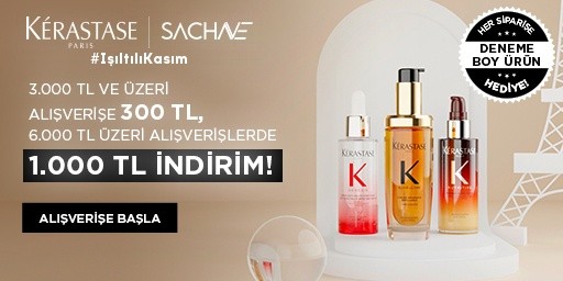 Kérastase kampanyası 01.11.2026 – 30.11.2026 tarihleri arasında (bitiş günü dahil) geçerlidir. Kampanyalı Kérastase ürünlerinden 3.000 TL ve üzeri alışverişinizde 300 TL indirim ve 1 deneme boyu Kérastase ürünü, 6.000 TL ve üzeri alışverişinizde 1.000 TL indirim ve 2 deneme boyu Kérastase ürünü hediye edilir. İndirim ve hediye sepetinizde otomatik uygulanır; kupon kodu girmenize gerek yoktur. Kampanya süresince müşteri başına bir kez kullanılabilir. Hediye ürünler stoklarla sınırlıdır; hediye nedeniyle ana ürün fiyatlarında artış yapılmamıştır. Kampanya yalnızca sachane.com üzerinden yapılan alışverişlerde ve bu sayfada listelenen ürünlerde geçerlidir. Set (bundle) stok kodlu ürünler kampanya kapsamı dışındadır. Diğer kupon ve kampanyalarla birleştirilemez.