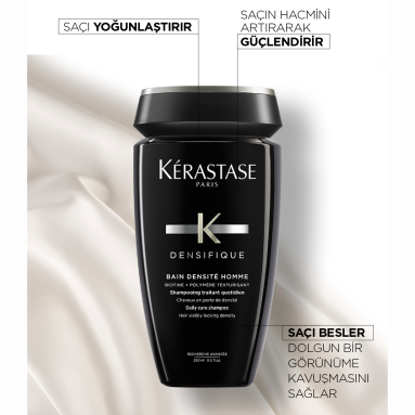 Kerastase Densifique Bain Densite Homme Erkekler İçin Yoğunluk Kazandıran Şampuan 250 ml – İncelmiş saçları güçlendirerek dolgunluk ve canlılık kazandıran profesyonel şampuan.