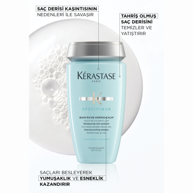 Kerastase Specifique Bain Dermocalm Riche Kuru Saç Derisi için Hassasiyet Karşıtı Şampuan 250 ml – Saç derisindeki kızarıklık ve gerginliği azaltmaya yardımcı, nemlendirici içerikli şampuan.