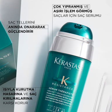 Kerastase Resistance Therapist Serum Therapiste Çok Yıpranmış ve Aşırı İşlem Görmüş Saçlar için Onarıcı Serum 30 ml – Saç uçlarını güçlendiren, kırılmaları azaltmaya yardımcı onarıcı serum.