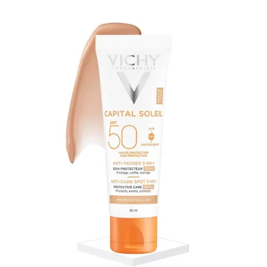 Vichy Capital Soleil Anti Dark Spots SPF 50 Leke Karşıtı Renkli Güneş Kremi 50 ml – SPF 50 ile yüksek koruma sağlayan, leke karşıtı renkli güneş kremi.