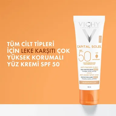 Vichy Capital Soleil Anti Dark Spots SPF 50 Leke Karşıtı Renkli Güneş Kremi 50 ml – Güneş ışınlarına karşı güçlü koruma sunarken ciltteki renk eşitsizliklerini gideren, renkli güneş kremi.