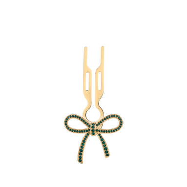 Fiona Franchimon Nº1 HAIRPIN Ribbon Emerald Green Swarovski Taşlı Kurdeleli Saç Tokası Yellow Gold Finish