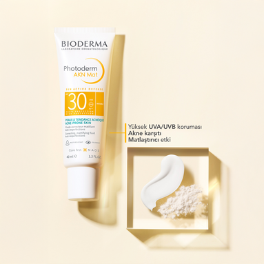 Sivilce ve siyah nokta oluşumunu önlemeye yardımcı Bioderma Photoderm AKN Mat SPF 30+ ile cildinizi korurken aynı zamanda pürüzsüzleştirir.