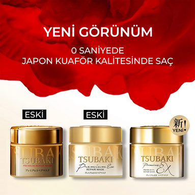 Tsubaki Premium Ex Repair Mask ile onarılmış, daha pürüzsüz, parlak ve sağlıklı görünen saçlar – yoğun nem ve kutikül onarımı.
