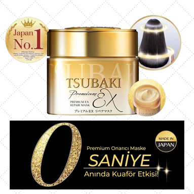 Tsubaki Premium Ex Repair Mask’in gelişmiş Tsubaki teknolojisi ve kamelya yağı içeren yoğun onarıcı saç bakım formülü.