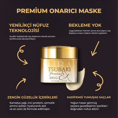 Tsubaki Premium Ex Repair Mask’in kremsi ve yoğun dokusu – saç boy ve uçlarına kolayca yayılan onarıcı bakım maskesi.