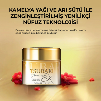 Tsubaki Premium Ex Repair Mask 180 g ile yıpranmış ve kuru saçlar için salon etkisinde onarım.